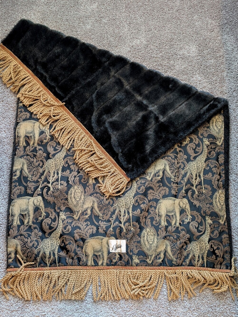 Vintage J. Wilde Safari Animal Throw Blanket Tapestry Black Fur Gold Fringe